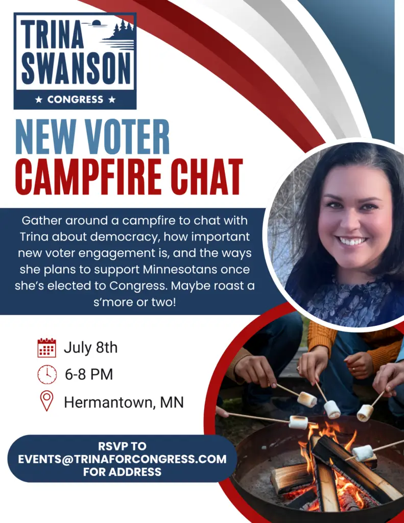 Image shows "Trina Swanson for Congress. New voter campfire chat. Photo of Trina smiling and an image of a campfire with marshmallows being roasted.